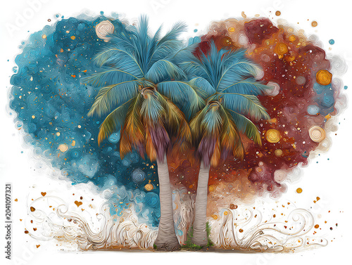 A pair of intertwined palm trees with fronds painted in jewel tones--emerald, ruby, and amethyst--forming a heart shape above, roots flowing like watercolor ink down the page on a bright white backgro