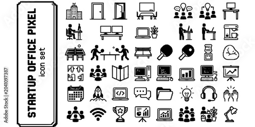 Photos Startup Office Pixel Art Black White-Desk Ping Pong Open Plan Retro-Work Culture