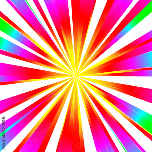 Abstract rainbow sunburst background on white. Vibrant colorful neon rays exploding from center. Pop art starburst vector pattern. Retro comic book zoom lines backdrop.