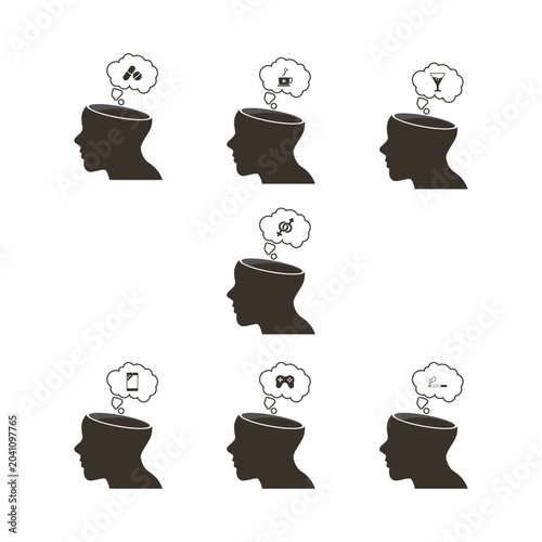 Set of human head silhouette icons with open mind concept and thought bubbles showing different desires. Addiction concept