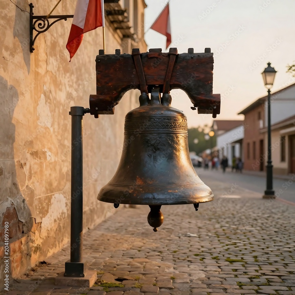 Obraz premium ancient bell on wooden frame metallic cobblestone