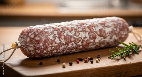 Cured Salami Sausage Resting on Wooden Cutting Board in Rustic Kitchen