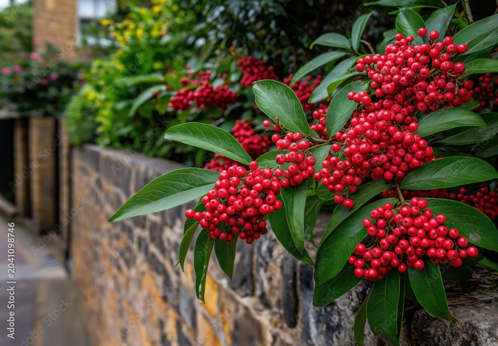 Naklejka premium Bright red berries burst from lush green foliage, perfect for winter holidays and Christmas decor