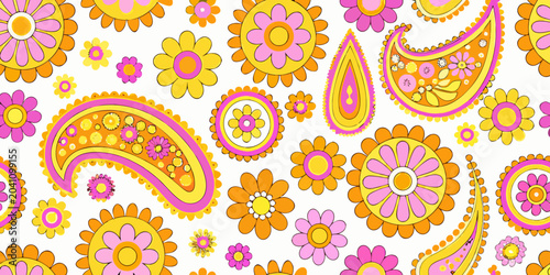 Psychedelic Floral Ornament Pattern With Paisley Motifs Seventies Style 1970s abstract arrangement