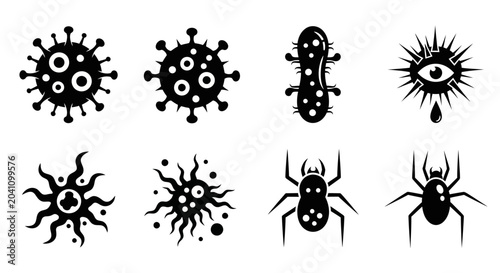 Bild auf Leinwand Black virus and bacteria icons, microbiology symbols, medical concept, backgroun
