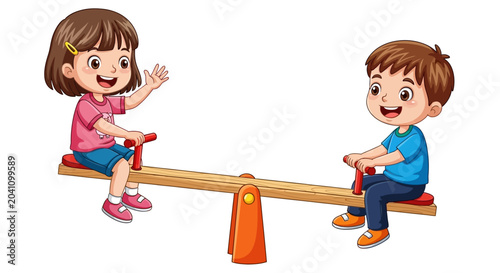 Foto Children playing on seesaw, kids playground fun, happy friends