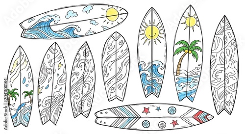 Hand Drawn Colorful Surfboards Arranged on White Background