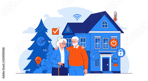 Εκτύπωση καμβά Elderly couple standing in front of smart home, technology concept, blue tone