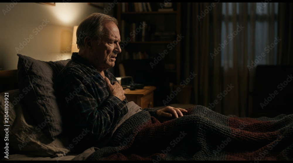 Fototapeta premium Elderly Man Suffering From a Medical Condition, Sitting Upright in Bed At Night