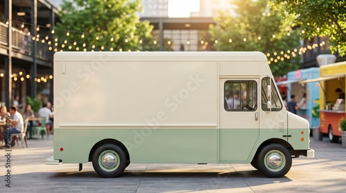 A blank unbranded vintage food truck step van mockup with solid side panel parked at an urban food festival, perfect for commercial vehicle wrap livery