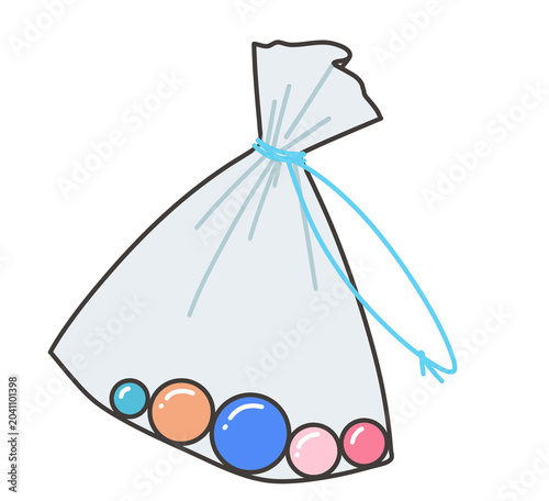 スーパーボールすくいで取ったスーパーボールが入った透明な袋 /Transparent bag filled with superballs from a scooping game