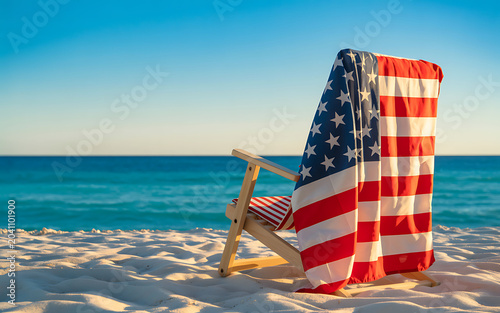 American flag draped on a beach chair at sunset