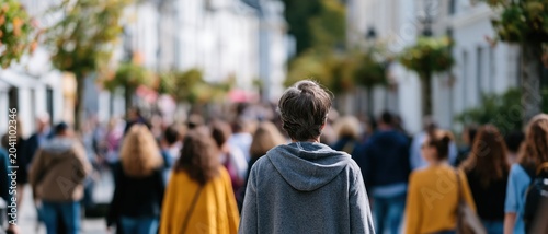 A person walks through a bustling street filled with people, showcasing the vibrancy and liveliness of modern urban life in a contemporary setting.
