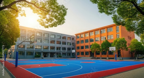 Back to school vibrant outdoor basketball court at modern elementary and middle school building exterior