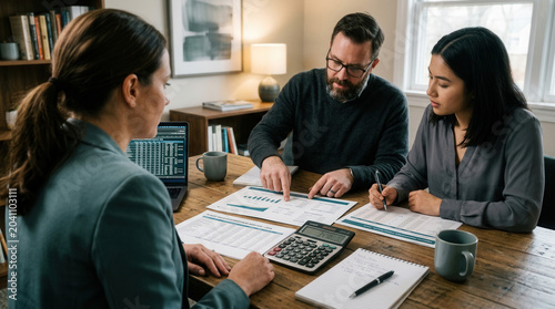 Financial Advisor Meeting With Couple Analyzing Investment Performance And Planning