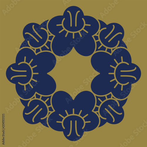 Round geometrical wreath frame with stylized flowers. Blue silhouette on gold background.