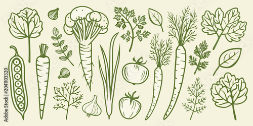 Bild auf Leinwand Hand Drawn Vegetable Garden Illustration In Green Featuring Various Produce Shap
