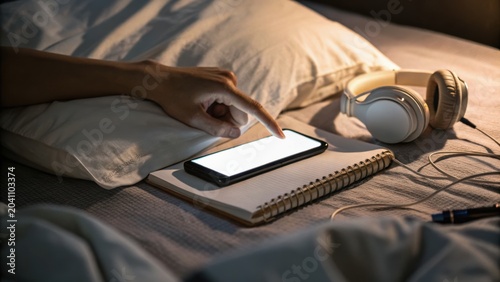 A person using a smartphone on a bed with a notebook and headphones nearby, illuminated by soft warm lighting.