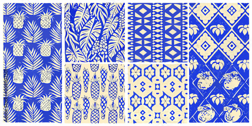 Photos Blue and cream tropical folk art patterns featuring pineapple and palm leaf moti