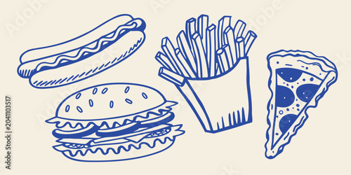 Blue Line Art Illustration Of Hot Dog French Fries Pizza Slice And Hamburger