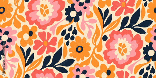 Retro Floral Ornament With Large Blooms And Dark Foliage Vector Illustration pattern