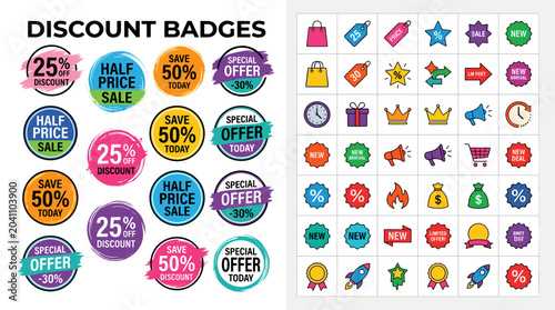 Discount badges and sale stickers.