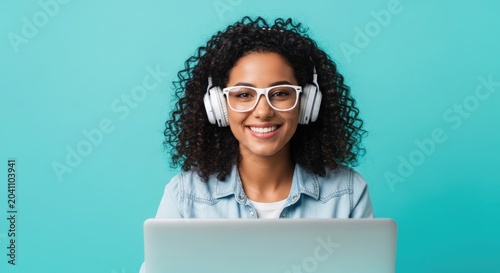 Back to school smiling student with laptop and headphones for online learning and digital education