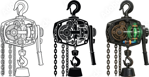 Foto Set of industrial chain hoists with exposed internal gears a detailed vector ill