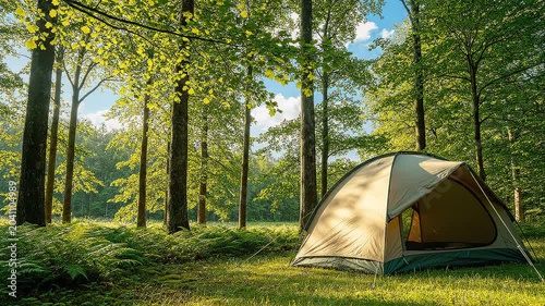 Tranquil Camping Tent in Sunny Lush Forest Illustrating Nature Escape & Adventure