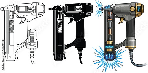 Obraz na plátně Detailed vector illustration of a pneumatic nail gun showing its internal mechan