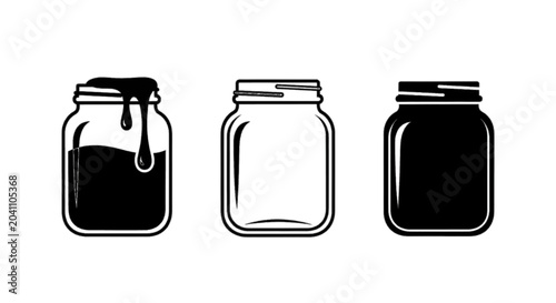 Minimal black silhouette icon, simple flat vector, bold black shape, no, no shading set of glass jars with honey, empty jar and filled jar icon on a, flat icon style