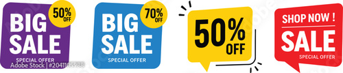 Foto Set of colorful sale banners for marketing promotion with fifty and seventy percent off discounts icons