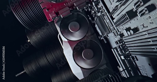Working motherboards with heatsink and fans and graphics card