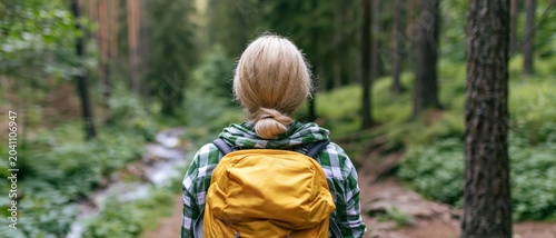 A woman in a plaid shirt and yellow backpack gazes into a serene forest with a stream, embodying adventure, contemplation, and a connection to nature in this beautiful landscape.