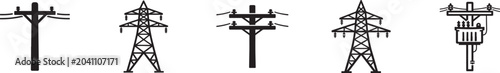 Electric tower thin line icon set featuring power poles, electricity pylons, energy grid vector symbols.