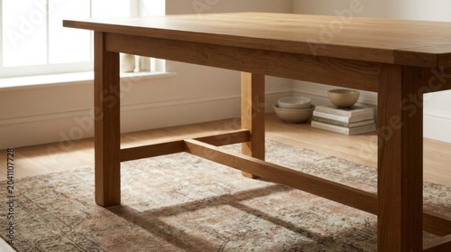 Wooden dining table in a bright modern dining room with natural light
