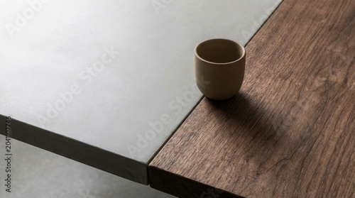 Minimalist Coffee Cup on Wooden Table with Light Gray and Dark Brown Surfaces