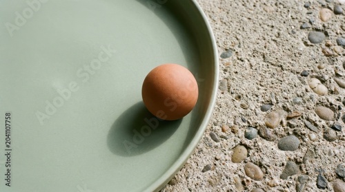 Single brown egg in ceramic bowl on sandy rocky surface with shadows