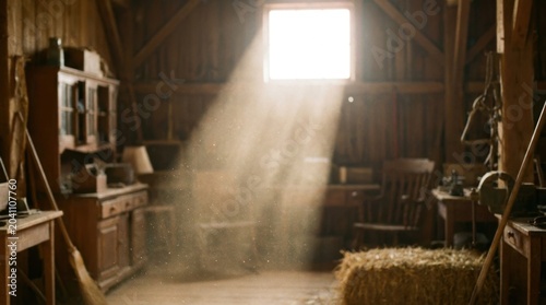 Rustic Barn Interior with Sunlight Streaming Through Window and Dust Particles
