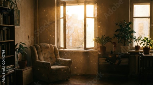 Cozy Sunlit Room with Open Windows, Potted Plants, and Vintage Chair