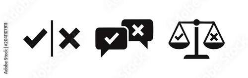 Cuadro en lienzo Minimalist black icon set for pros and cons, comparison, and evaluation with checkmark and cross symbols on scales and speech bubbles