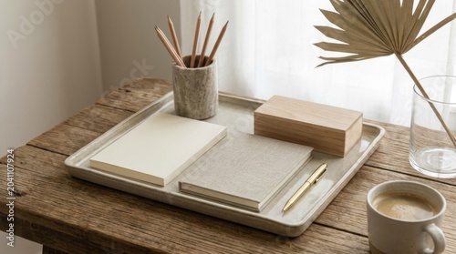 Minimalist workspace with notebooks, wooden box, and decorative elements on wooden table