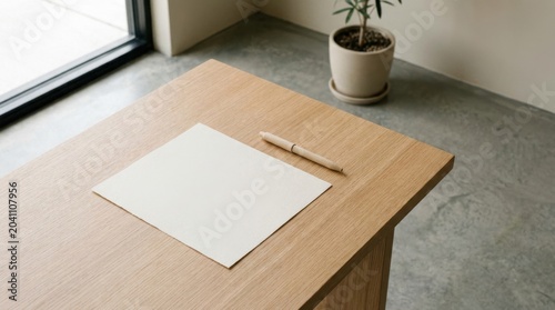 Minimalist workspace with blank paper and pen on wooden table near window