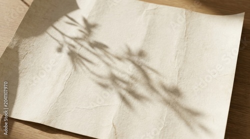 Blank Piece of Paper with Shadow of Plant Branches on Wooden Surface