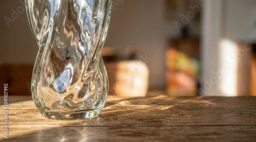 Elegant Empty Quirky Twisted Glass on Rustic Wooden Table in Bright Room