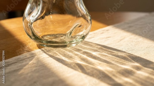 Clear glass vase with curved design on wooden surface sunny lighting shadows