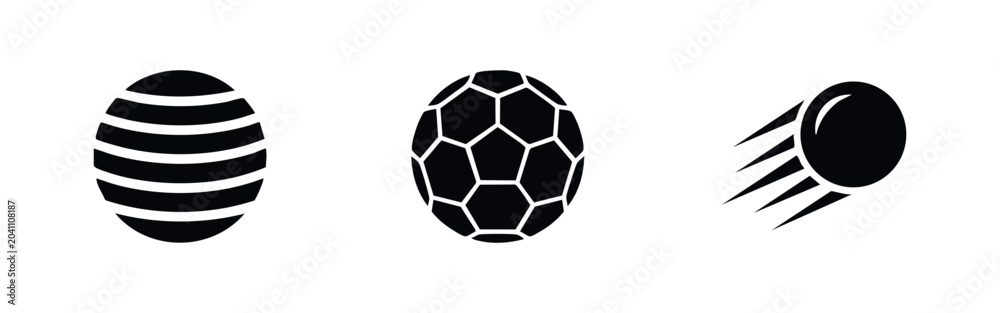 Fototapeta premium Minimalist set of black ball icons: a striped sphere, a soccer ball, and a fast-moving ball with motion trails, isolated on a white background.