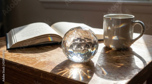 Sunlit wooden table with open book crystal ball and coffee mug in cozy room setting
