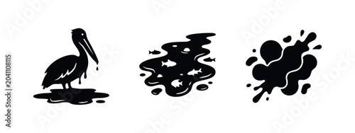 Canvastavla Black vector icons illustrating oil spill pollution, featuring a dripping pelican, dead fish in an oil slick, and a large spill splatter