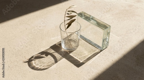 Minimalist Still Life with Glass Vase and Glass Rectangular Block on Sand Surface